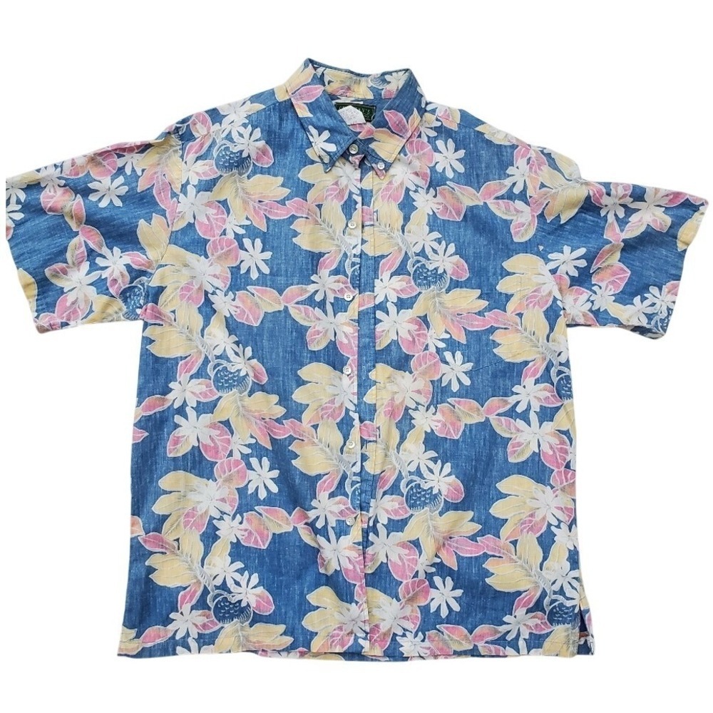 Chapman's Button Down Shirt Blue Excellent Tropical Floral Short Sleeve XL